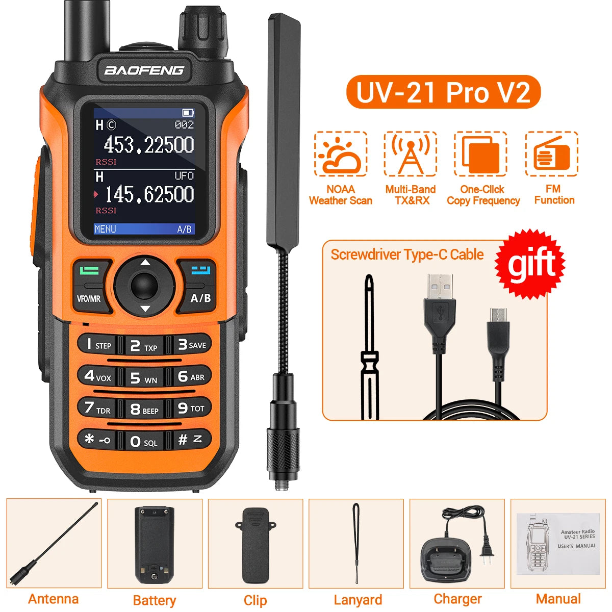 Baofeng UV 21 Pro Wireless Copy Frequency Walkie Talkie 16 KM AM Long Range Waterproof Multi-Band Type-C Charger Ham Radio UV 5R