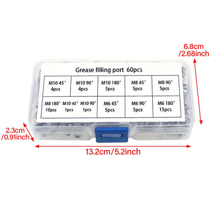 60/120Pcs Metric Grease Fitting Assortment Straight 45°/90°/180°Angle M6 M8 M10 Galvanized Metal Grease Nipple With Storage Box