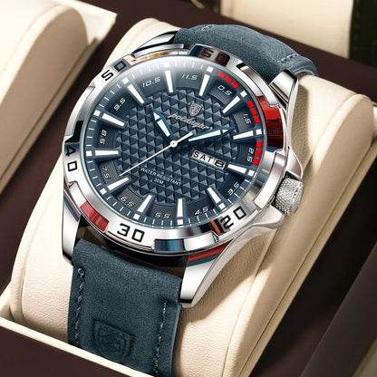 POEDAGAR Original Man Wristwatch Top Luxury Waterproof Luminous Date Week Watch For Men Quartz Sport Leather Men's Watches Reloj