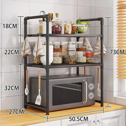 Multi-Purpose Kitchen Storage Rack - Thickened Adjustable Shelf for Microwave, Oven, Countertop Organizer with Tool Hooks