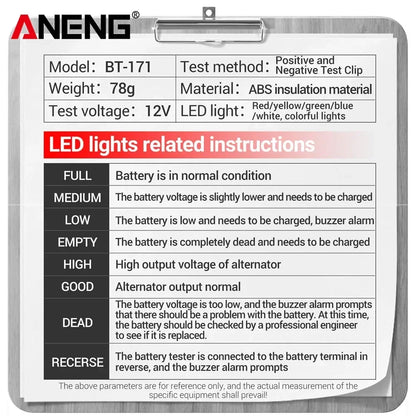 ANENG BT-171 12V Multifunctional Battery Testers Auto Repair Industry Detection with LED Reverse Display Screen Electrician Tool