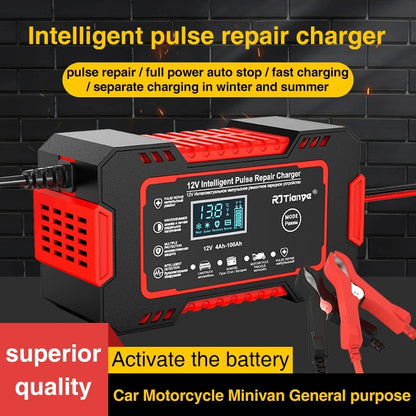 Car Battery Charger 12V 6A Touch Screen Pulse Repair LCD Fast Power Charging Wet Dry Lead Acid Digital LCD Display