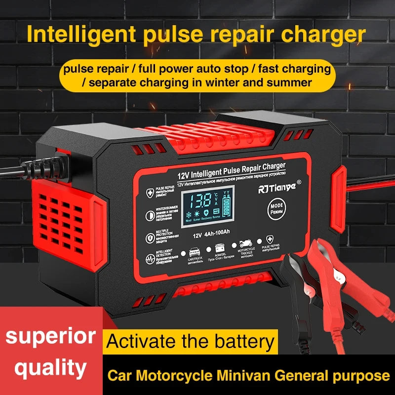 Car Battery Charger 12V 6A Touch Screen Pulse Repair LCD Fast Power Charging Wet Dry Lead Acid Digital LCD Display