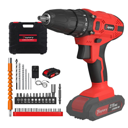 Feytory 21V Cordless Power Drill with 1500mAh Battery Electric Drill Driver 25+1 Torque 45Nm Screwdriver Kit Combi Drill 3/8"