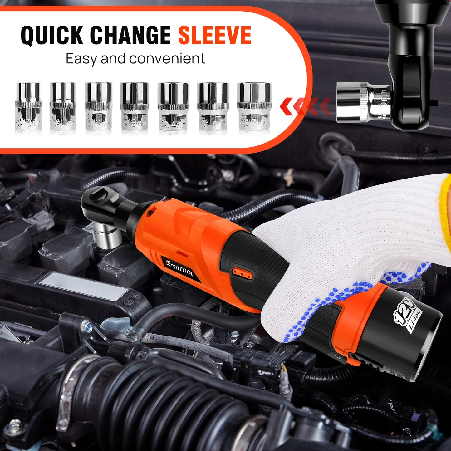 3/8’ 12 V Extended Cordless Ratchet for Car Repair, DIY Work, Automotive, Electric Vehicles, Electric Mode of Operation