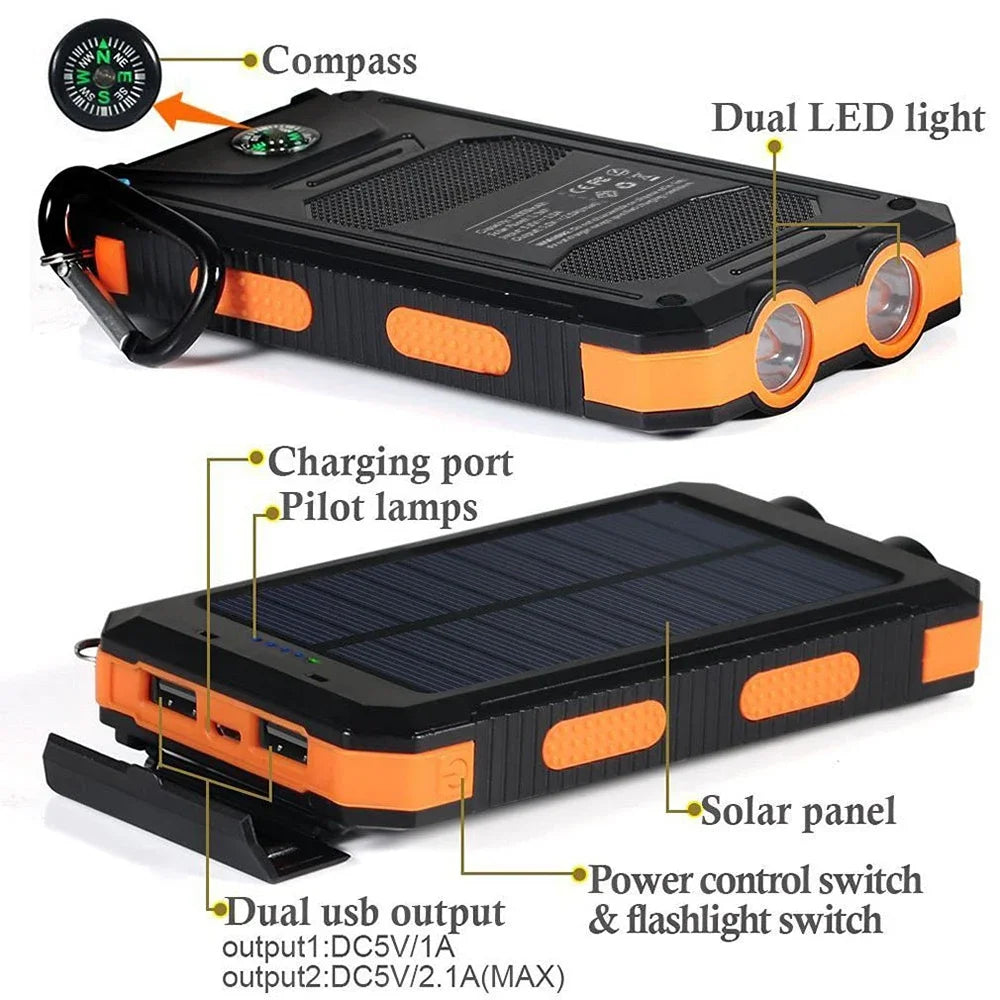 20000mAh Portable Solar Power Banks Outdoor Backup Power External Battery Pack with  LED Light Compass Powerbanks