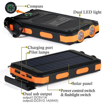 20000mAh Portable Solar Power Banks Outdoor Backup Power External Battery Pack with  LED Light Compass Powerbanks