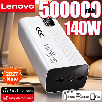 Lenovo CCC 500000mAh Power Bank 140W Large Capacity Portable Super Fast Charging Powerbank Spare Battery Digital Display Charger