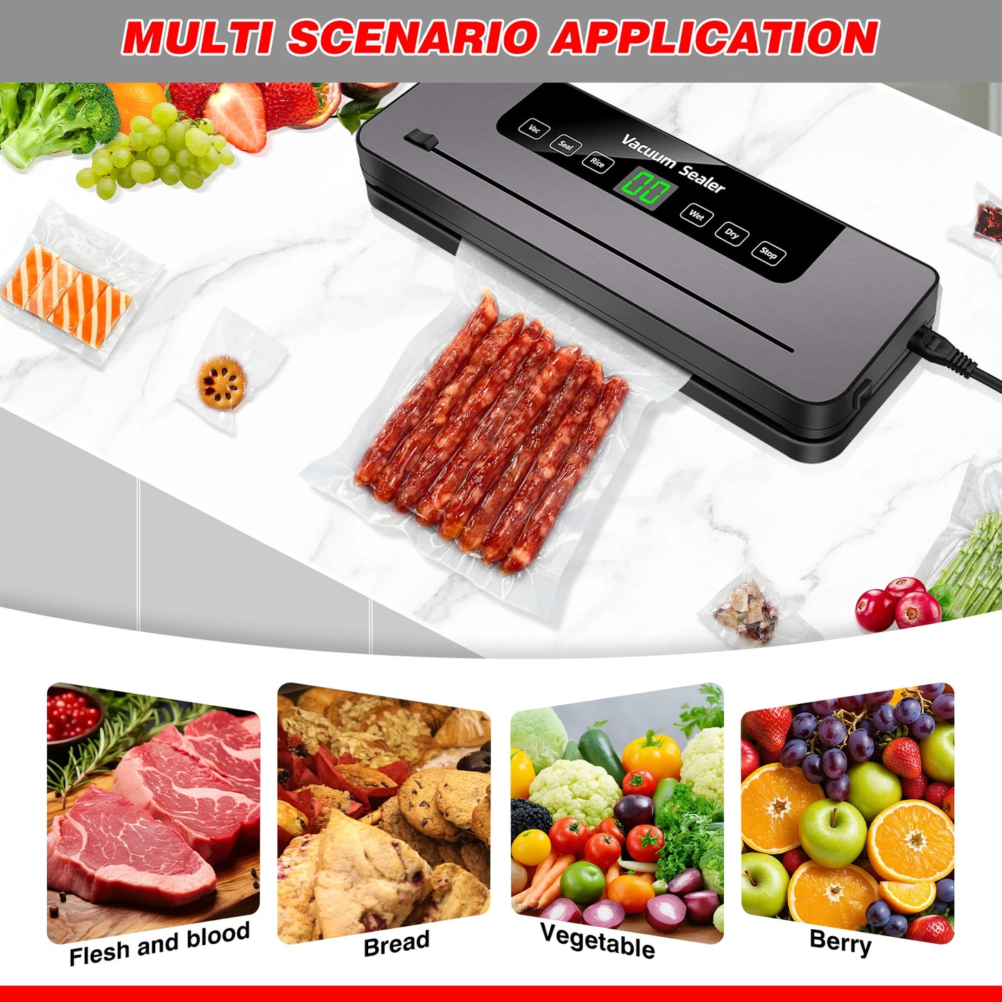 Vacuum Sealer,Automatic Food Vacuum Sealer,5 modes,with 10 sealing pockets and built-in cutter for sealing of wet and dry food