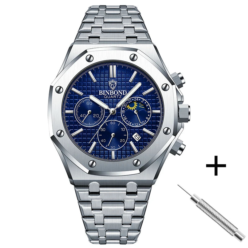 BINBOND Top Brand B0161 Men's Casual Watch Luxury Luminous Stainless Steel Waterproof Men's Date Calendar Clock