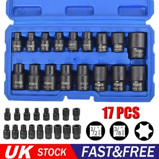 17pc 1/2" & 3/8" Torx Star Socket Set E Type Impact Socket E5 - E24 Drive Socket Repair Tools For Torque Wrench
