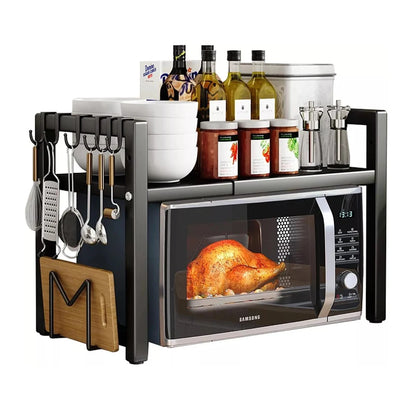 BonChoice 2/3-Tier Expandable Microwave Oven Rack Countertop for Kitchen, Microwave Shelf Stand Metal with 6 Hooks Black White