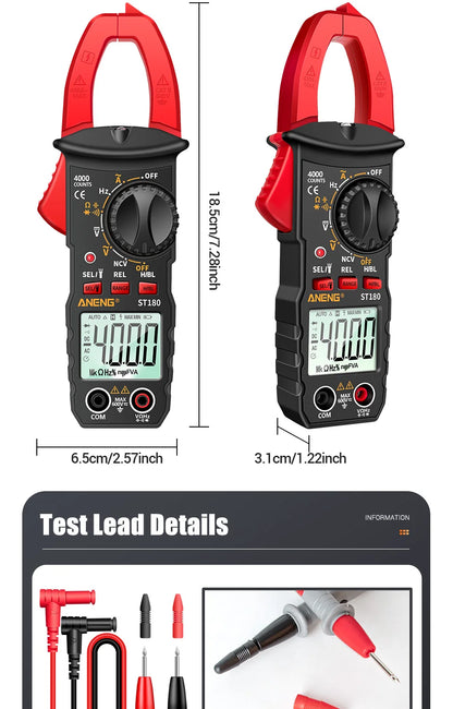ANENG ST180 AC Current Clamp Meter  Digital 4000 Counts Multimeter Ammeter Voltage Tester Car Amp Hz Capacitance NCV Ohm Tool