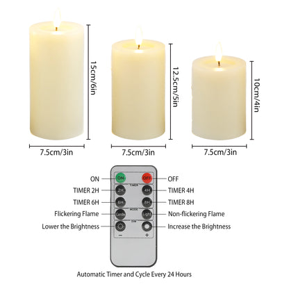 Flickering Flameless Candles Battery Operated with 10-Key Remote & 2/4/6/8-Hour Timer, Real Wax Pillar Grease  LED Candles Set