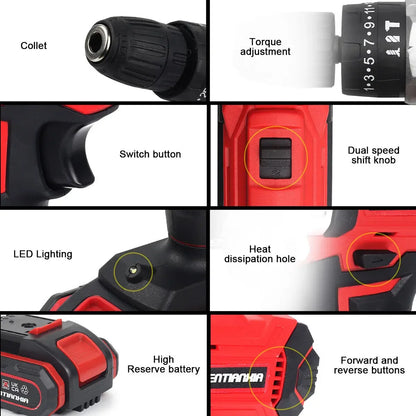 21V Cordless Hand Drill Combi Hammer Impact Drill Driver Electric Screwdriver 2 Battery Set