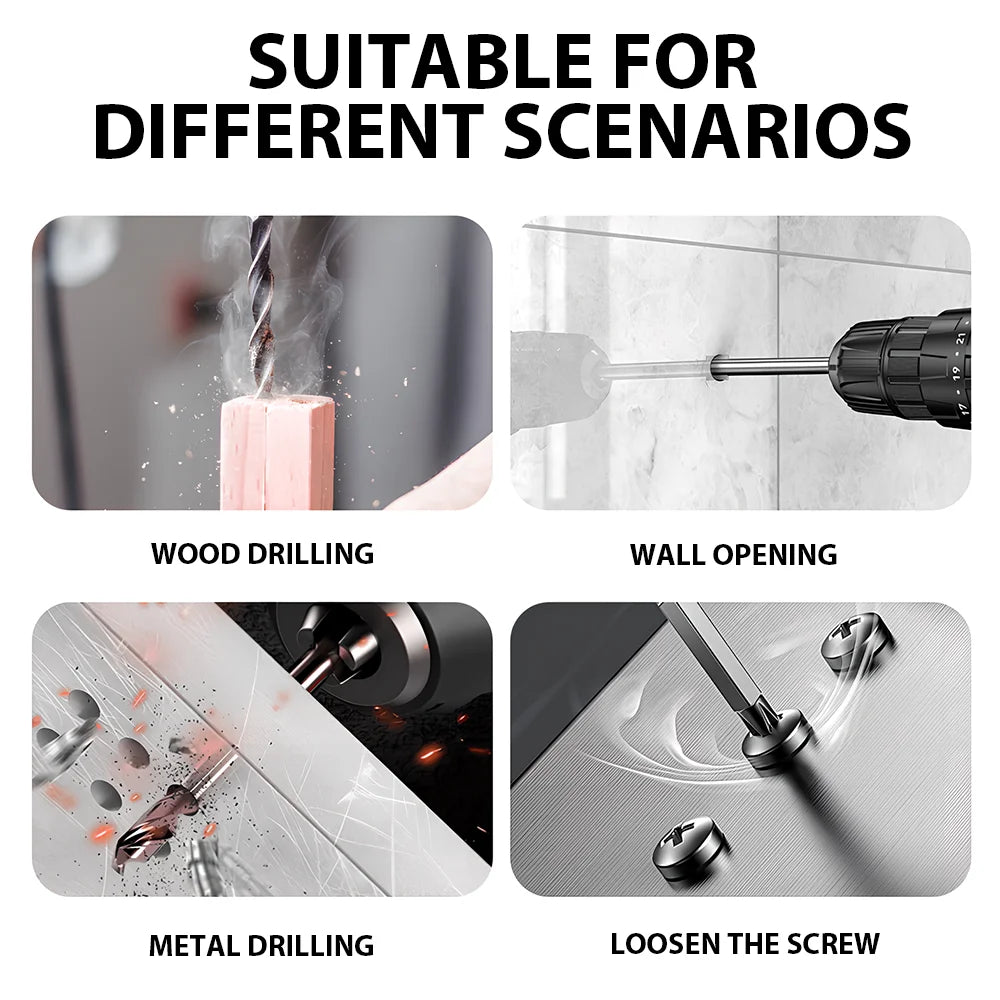 Electric Drill Power Tool Cordless Drill Combi Driver Electric Screwdriver Impact Set with 2pcs Rechargeable Batteries