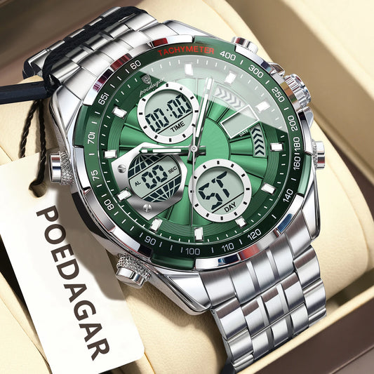 POEDAGAR Top Man Clock Waterproof Electronic LED Luxury Men's Watches Dual Time Display Digital Stainless Steel Men Quartz Watch