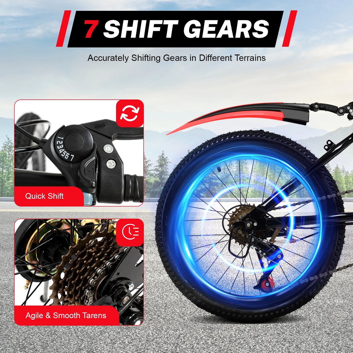 20" Mountain Bike 7 Speeds Kids Bicycle Children's Bicycle Height Adjustable MTB Boys Girls Riding Bike