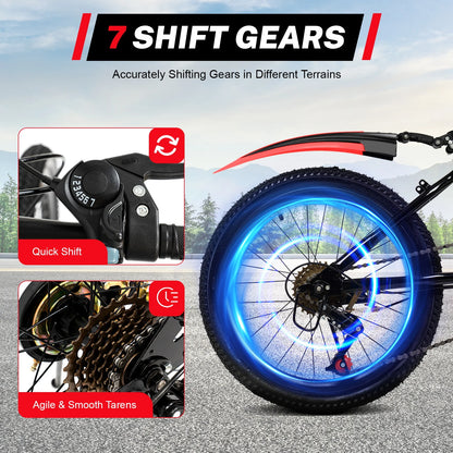 20" Mountain Bike 7 Speeds Kids Bicycle Children's Bicycle Height Adjustable MTB Boys Girls Riding Bike