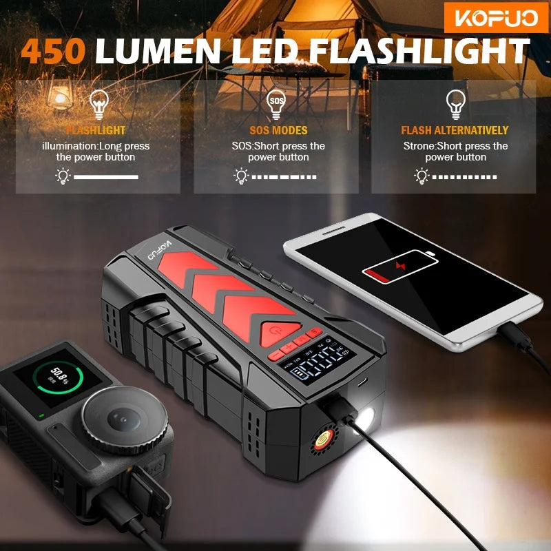 KOPUO 4000A 9-in-1 Jump Starter with Air Pump, for 9.0L Gas/8.0L Diesel, -40°C Cold Start, 150PSI Cordless Inflator, 3-Mode LED