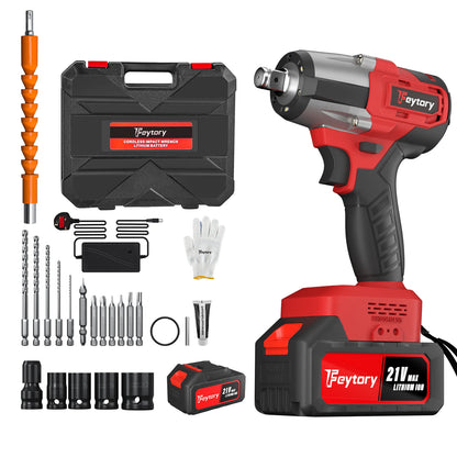 Feytory Cordless Impact Wrench,1/2" Brushless Power Impact Gun,1500N.m Electric Wrench with 4 Sockets&12PCS Screwdriver Bits