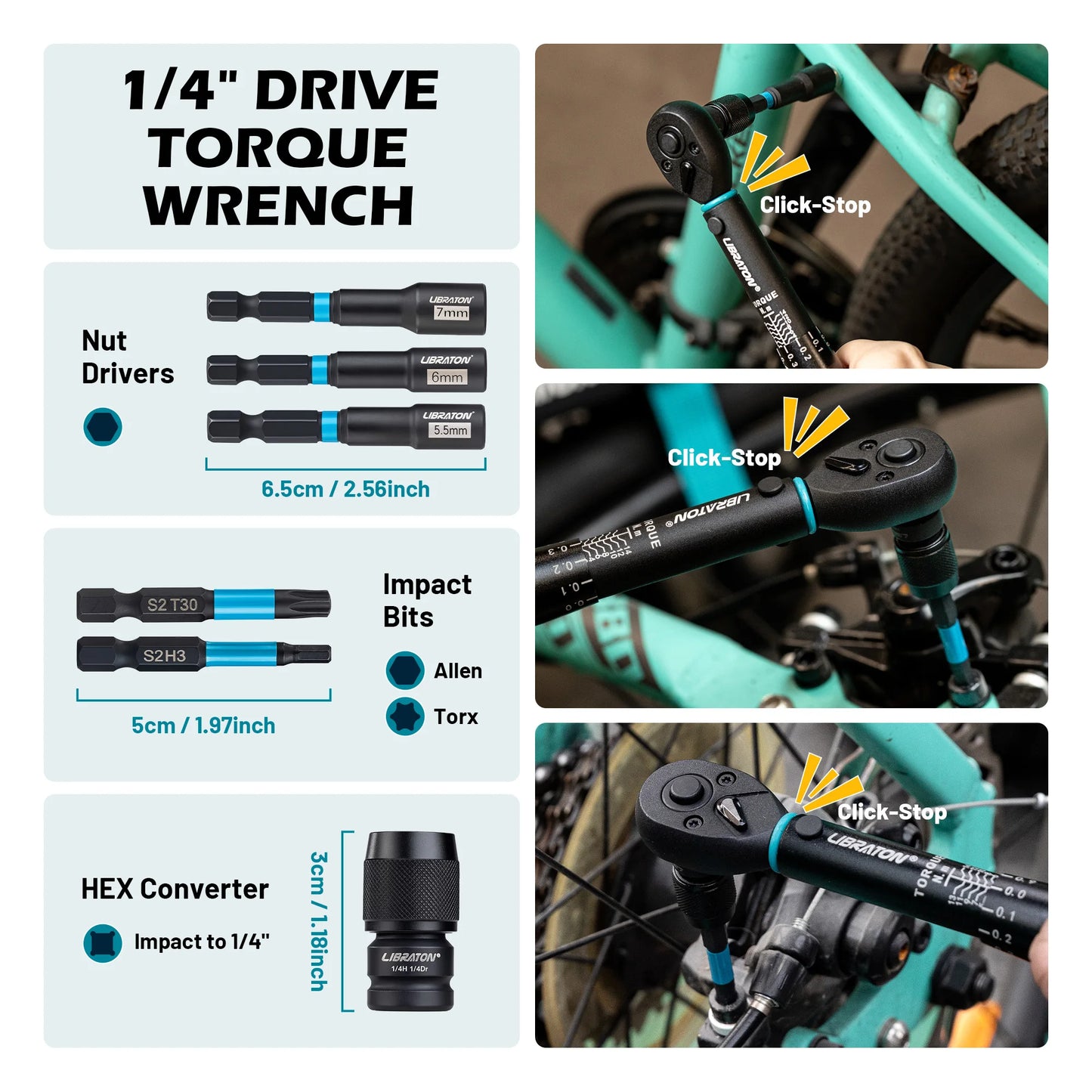 21pcs Bike Torque Wrench 1/4" 2-14Nm Bike Torque Wrench Set Socket Spanner with Impact Bit Bicycle Motorcycle Ratchet Repair Kit
