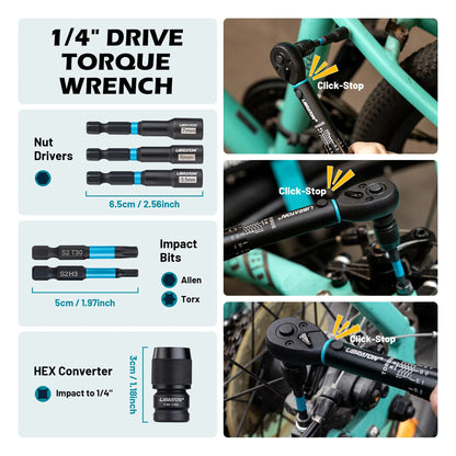 21pcs Bike Torque Wrench 1/4" 2-14Nm Bike Torque Wrench Set Socket Spanner with Impact Bit Bicycle Motorcycle Ratchet Repair Kit