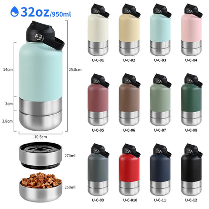 OKKPETS 32Oz Portable 3 in 1 Pet Water Bottle Stainless Steel Pet Feeder Travel Outdoor 34Oz Multifunc Pet Bowl Dog Food Cup