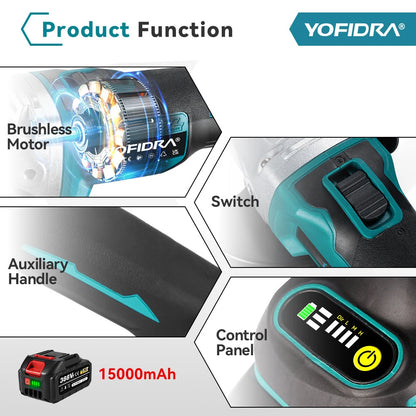 YOFIDRA 125mm 4 Gears Brushless Electric Angle Grinder Metal Wood Grinding Polishing Cutting Power Tool For Makita Battery Pin