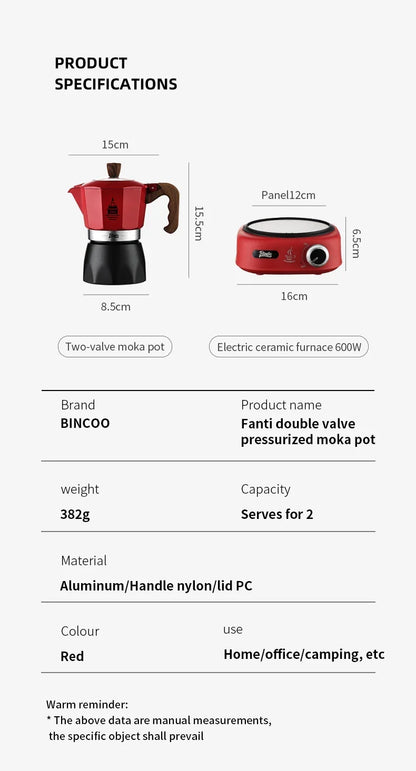 Bincoo Double Valve Coffee Moka Pot Espresso Machine Electric Stove Brewed Coffee Italian Home Outdoor Barista Accessories 220V