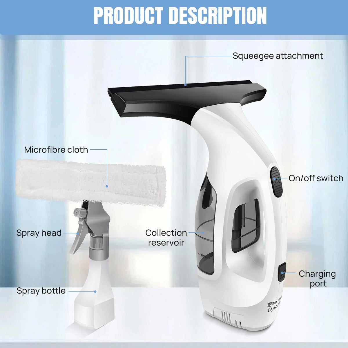 Cordless Window Vac with 2000pa, Efficiently Streak-Free Cleaning, Running Time: 50-60 Min, 3.8V Electric Window Vacuum Cleaner