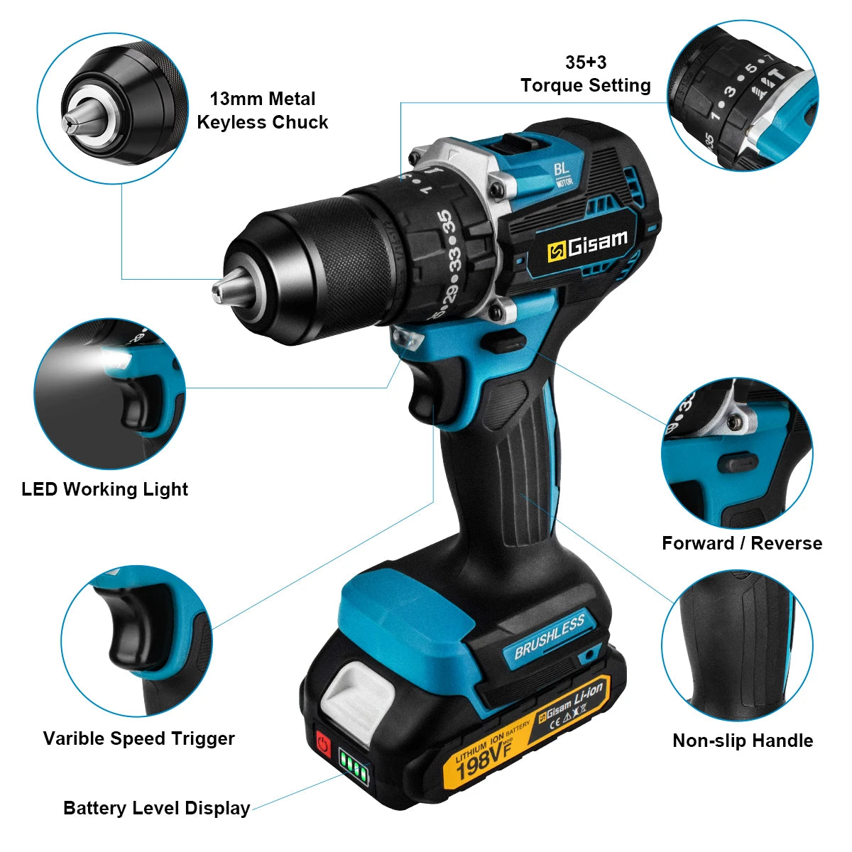 Gisam 65N.m 13MM 35+3 Torque Brushless Electric Impact Drill Cordless Electric Screwdriver Power Tool For Makita 18V Battery Pin