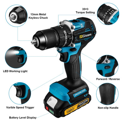Gisam 65N.m 13MM 35+3 Torque Brushless Electric Impact Drill Cordless Electric Screwdriver Power Tool For Makita 18V Battery Pin
