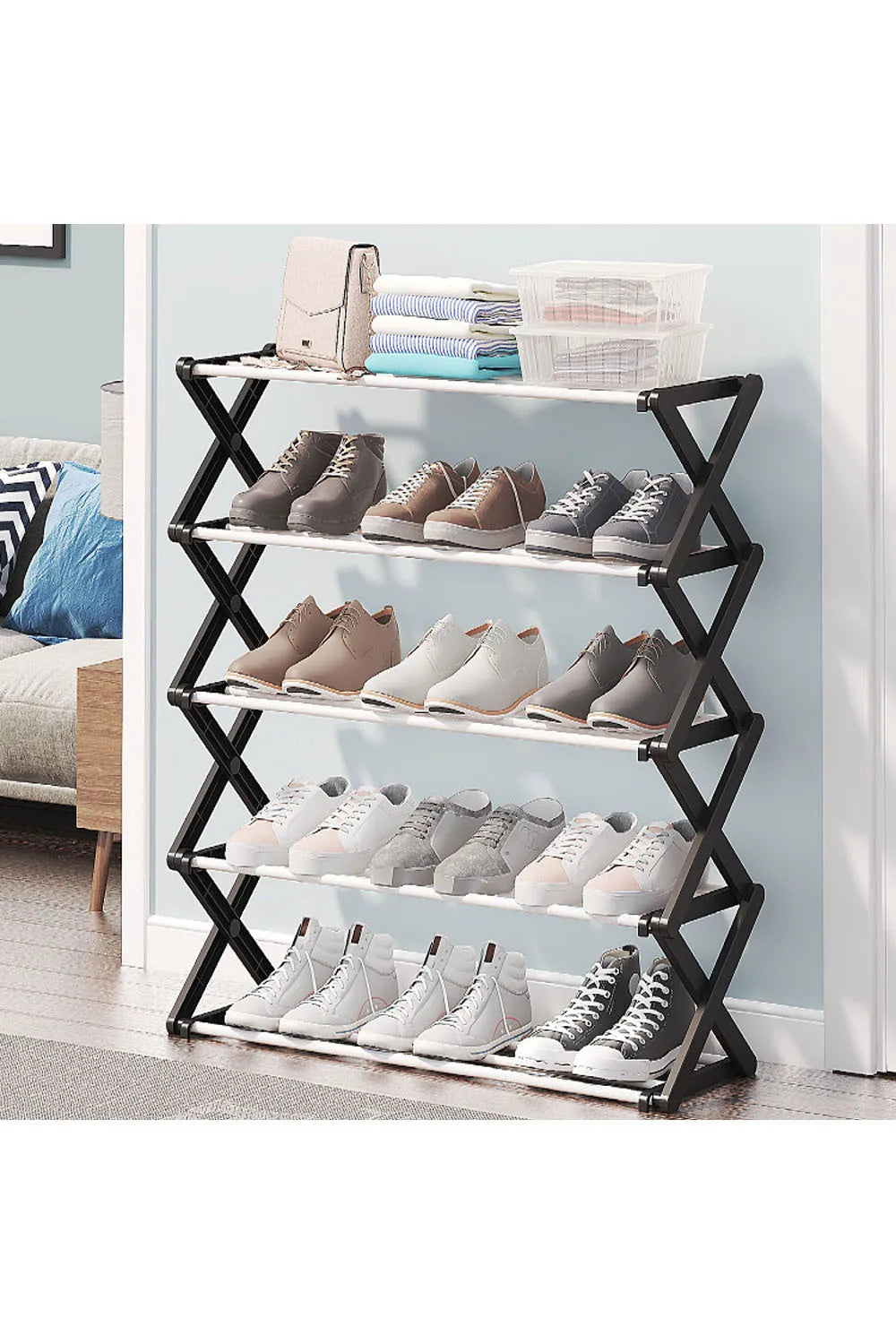 【Breeins】Foldable Multi-Tier Metal Shoe Rack for Entryway Shoes Storage Organizer Shelf Home Decoration Cabinet