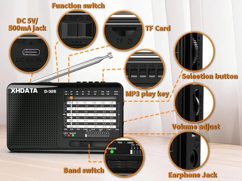 XHDATA D-368/ D-328 Portable Radio FM1-2/AM/SW 12 Band MP3 Player Bluetooth/TF Card With Headphone Jack For Elder Easy Use