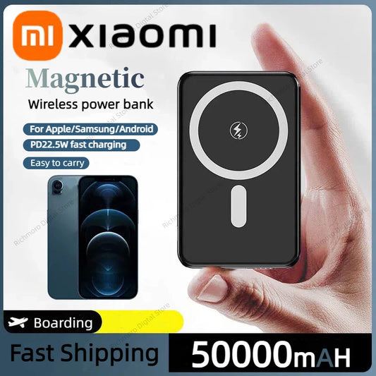 XIAOMI Ultra Slim Power Bank Mac Fast Charge Auxiliary Battery 50000mAh Magnetic Magnet Wireless Charging For IPhone Samsung New