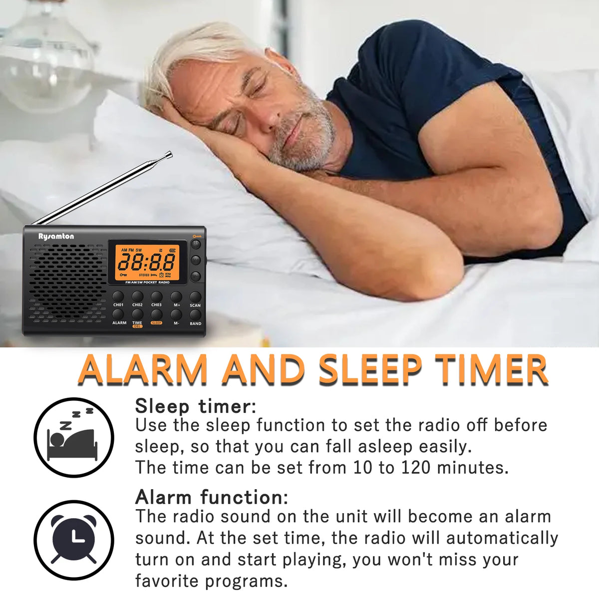 Rysamton Portable AM/FM Shortwave Radio Big Digital Display With Sleep Timer and Alarm Clock Function, Battery Operated Radios