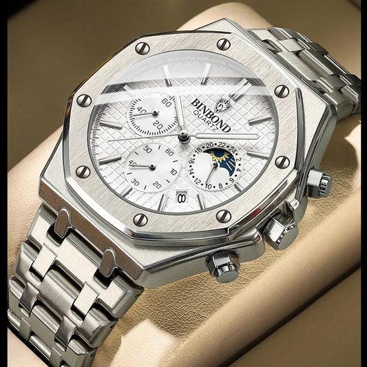 BINBOND Top Brand B0161 Men's Casual Watch Luxury Luminous Stainless Steel Waterproof Men's Date Calendar Clock