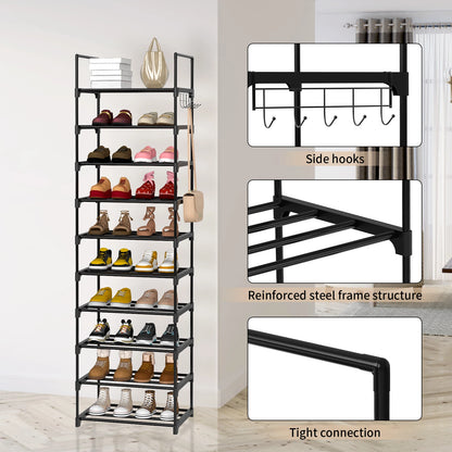 Shoe Rack,10-Tier Metal Shoe Storage Organiser, Metal Frame, Space-Saving Rack,for Room, Hallway STORAGE SHELVES STAND WITH HOOK
