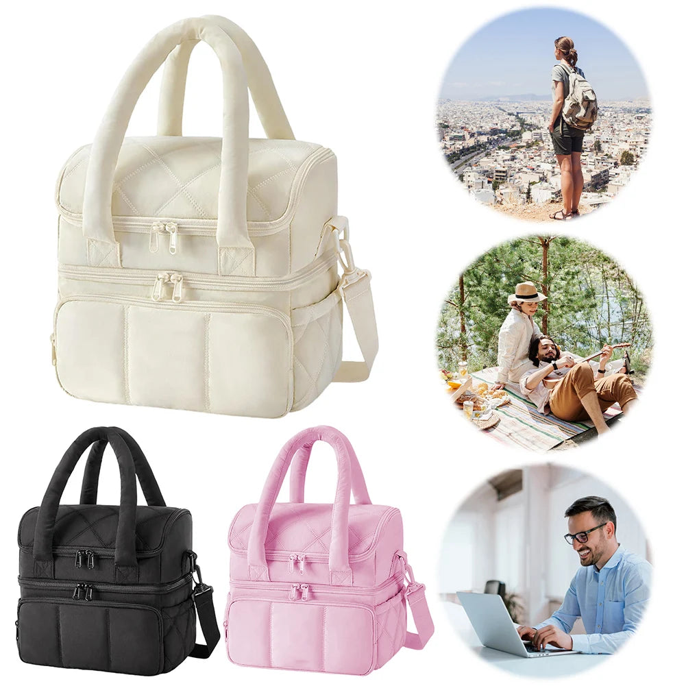 Insulated Double Deck Lunch Bag for Women Ladies Puffy Padded Lunch Tote Waterproof Bento Top Handle Bag for Work Picnic Travel