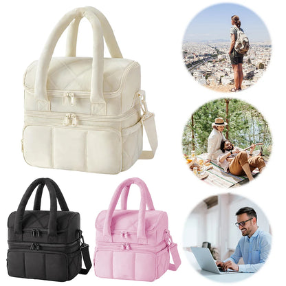 Insulated Double Deck Lunch Bag for Women Ladies Puffy Padded Lunch Tote Waterproof Bento Top Handle Bag for Work Picnic Travel
