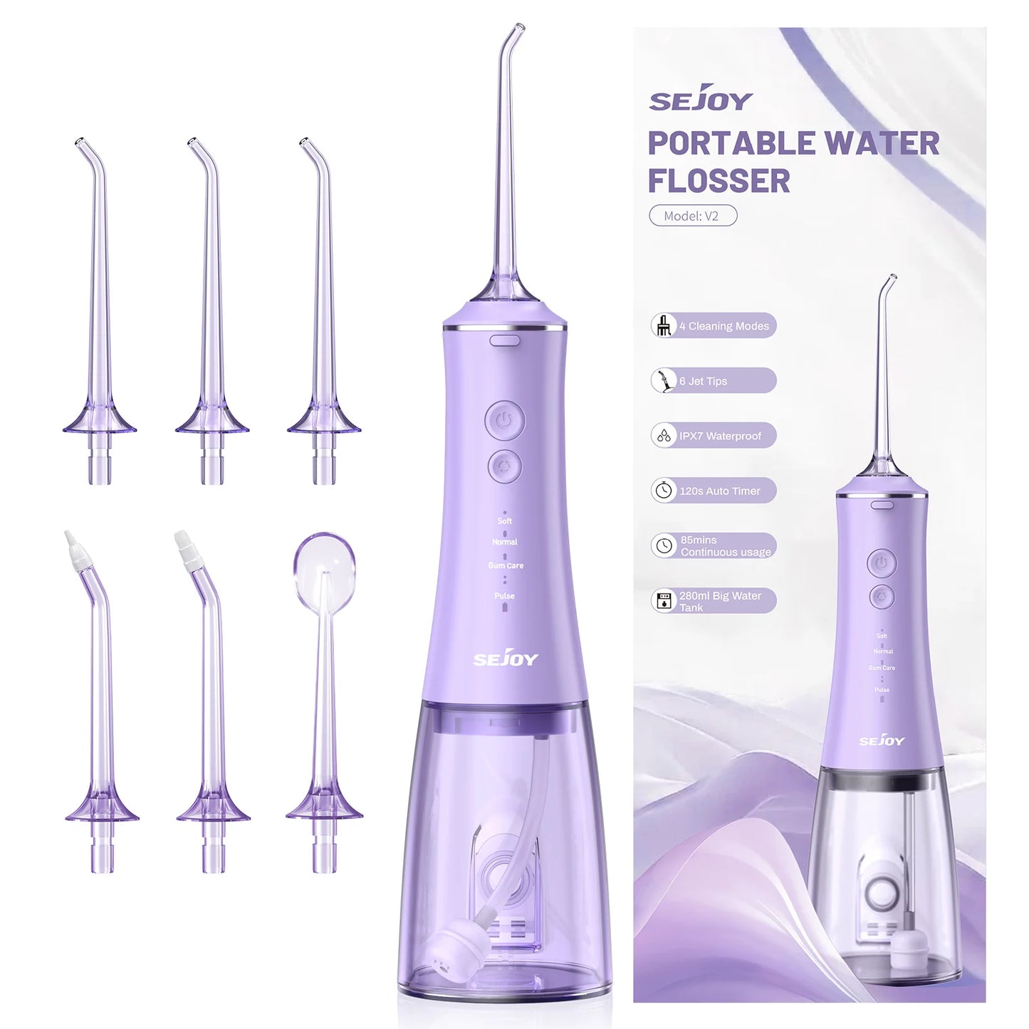 SEJOY Portable Oral Irrigator Water Flosser Dental Teeth Whitening 230ML Tank 5 Modes 8 Jet Tips Washing Machine