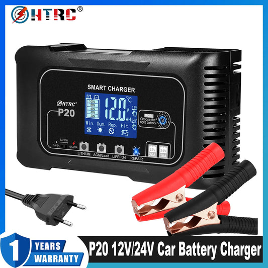 HTRC 20A 12V-24V P20 Battery Charger for Smart Car Battery Charger Repair Auto Moto Lead Acid AGM GEL PB Lithium LiFePo4 Battery