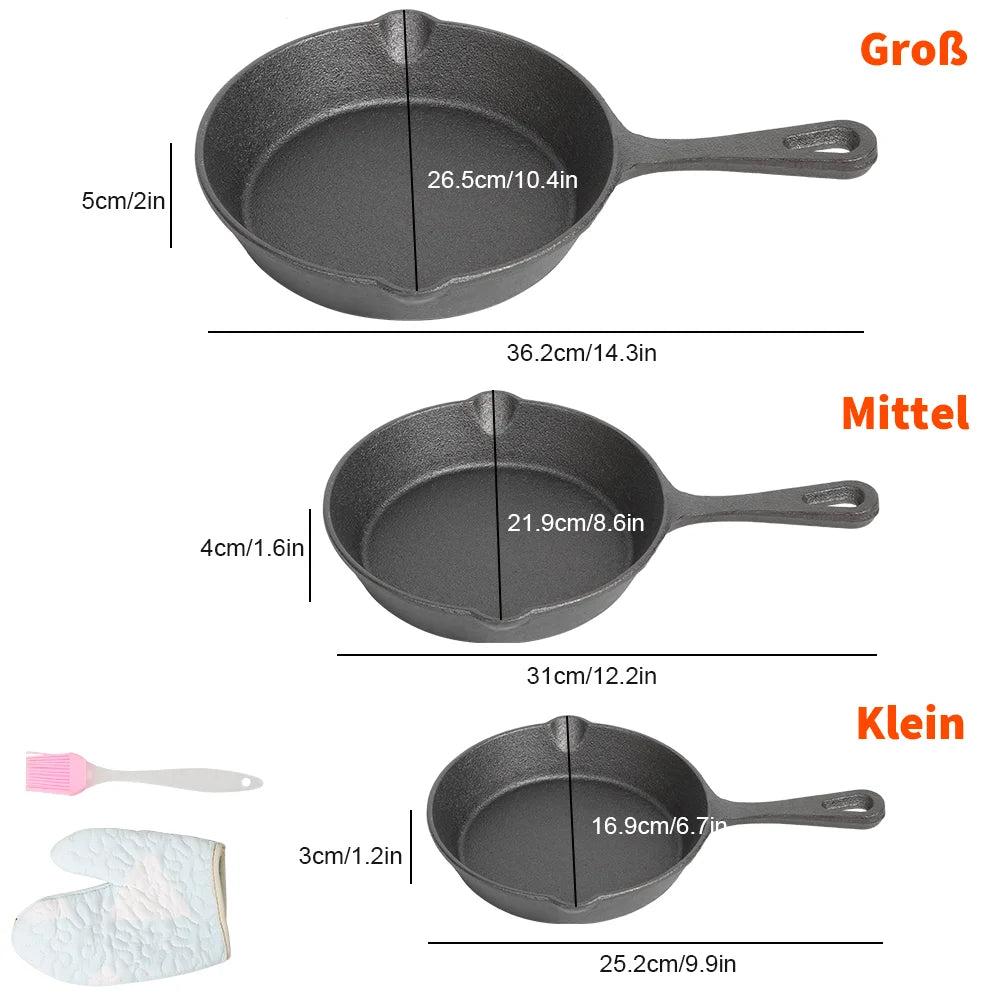 3pc Frying Pan Cast Iron Uncoated Black For Food Frying, Cooking And Stir-Frying Non-Stick Frying Pans Omelette Pan