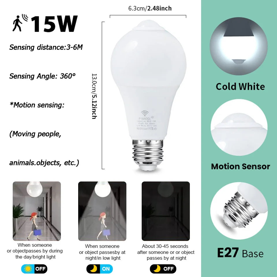 6pcs LED Bulbs Radar Motion Sensor Light 220V E27 LED Bulb Auto ON/OFF Working In Night Radiation Motion Detector Security Light