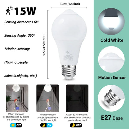 6pcs LED Bulbs Radar Motion Sensor Light 220V E27 LED Bulb Auto ON/OFF Working In Night Radiation Motion Detector Security Light