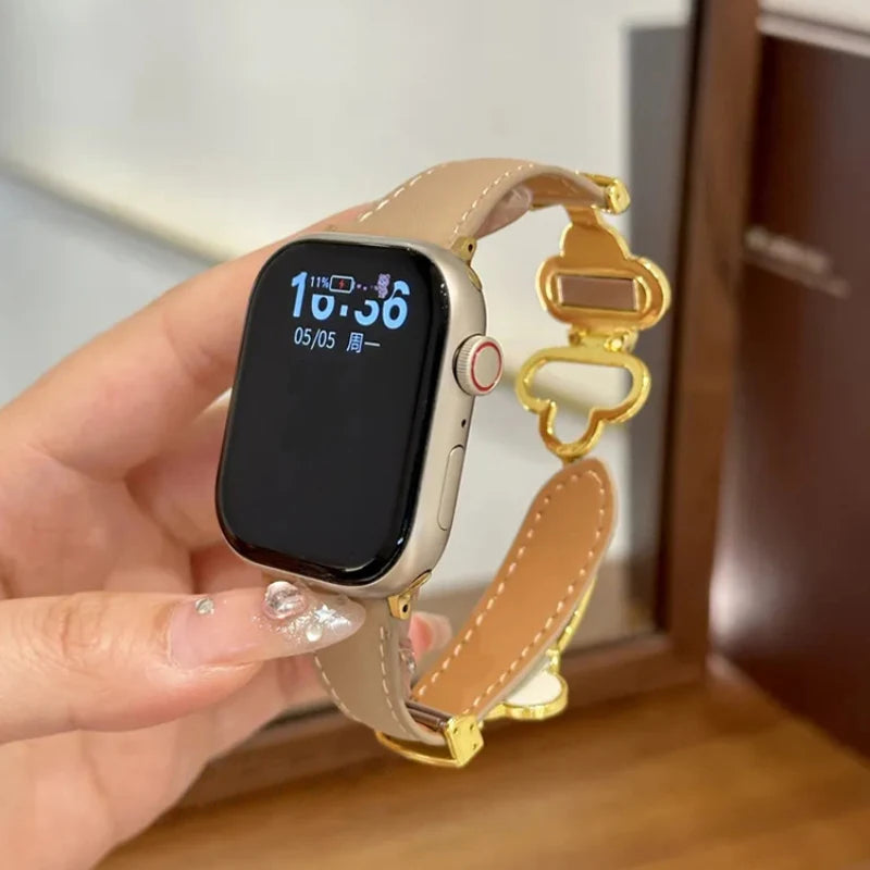 Four-leaf Clover Magnetic Leather Strap for Apple Watch 10 Band 46mm 44/42mm 45mm Thin Bracelet iWatch Series Women Watchband