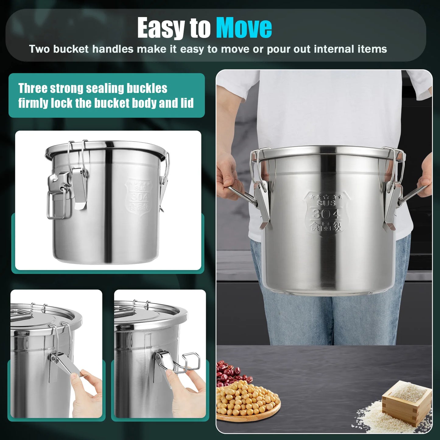 Bymaocar 12L 304 Stainless Steel Cereal Container Metal Kitchen Rice Oil Storage Bucket Airtight Durable, Corrosion Resistant