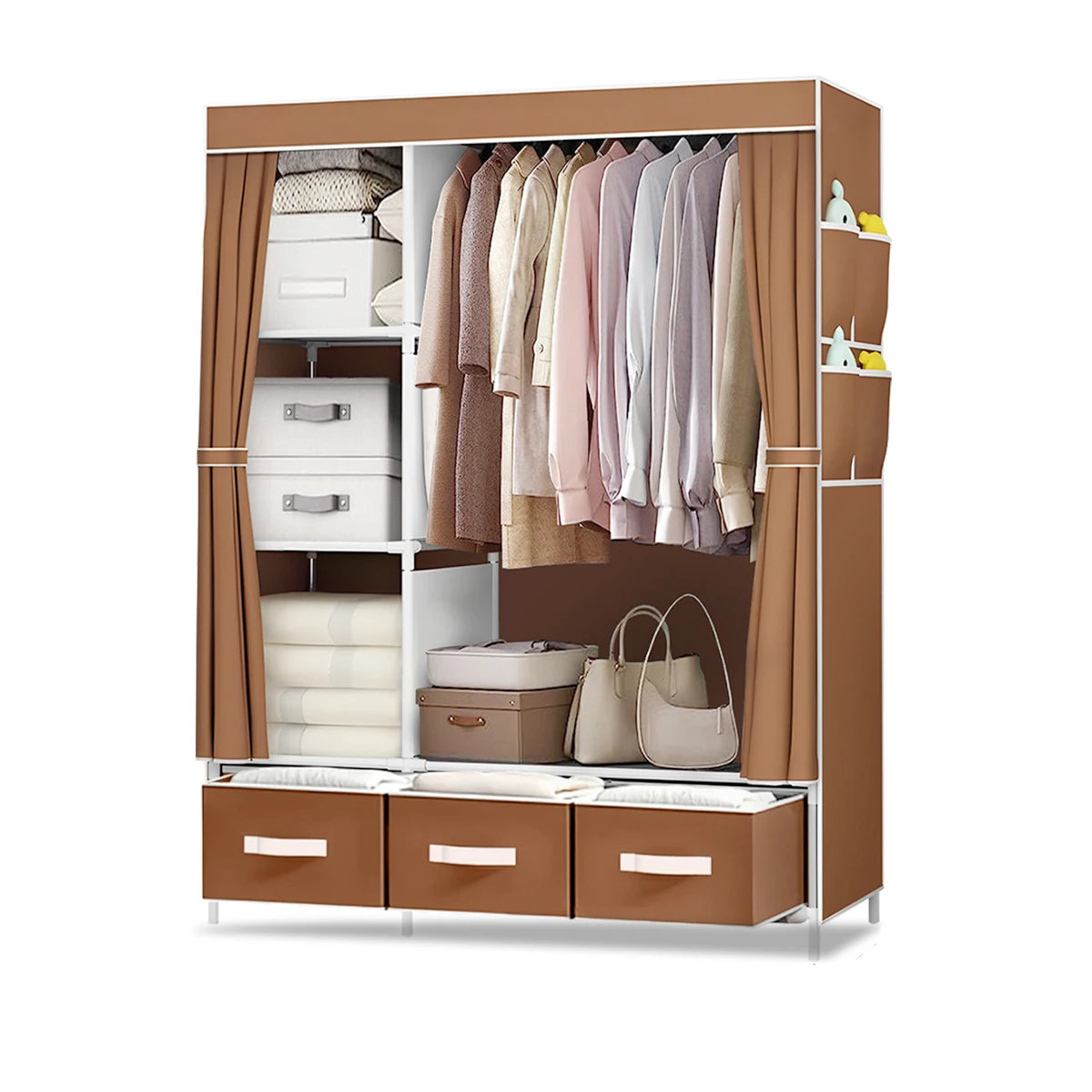 Large Canvas Wardrobe With Hanging Rail Shelving Fabric Clothes Storage Cupboard