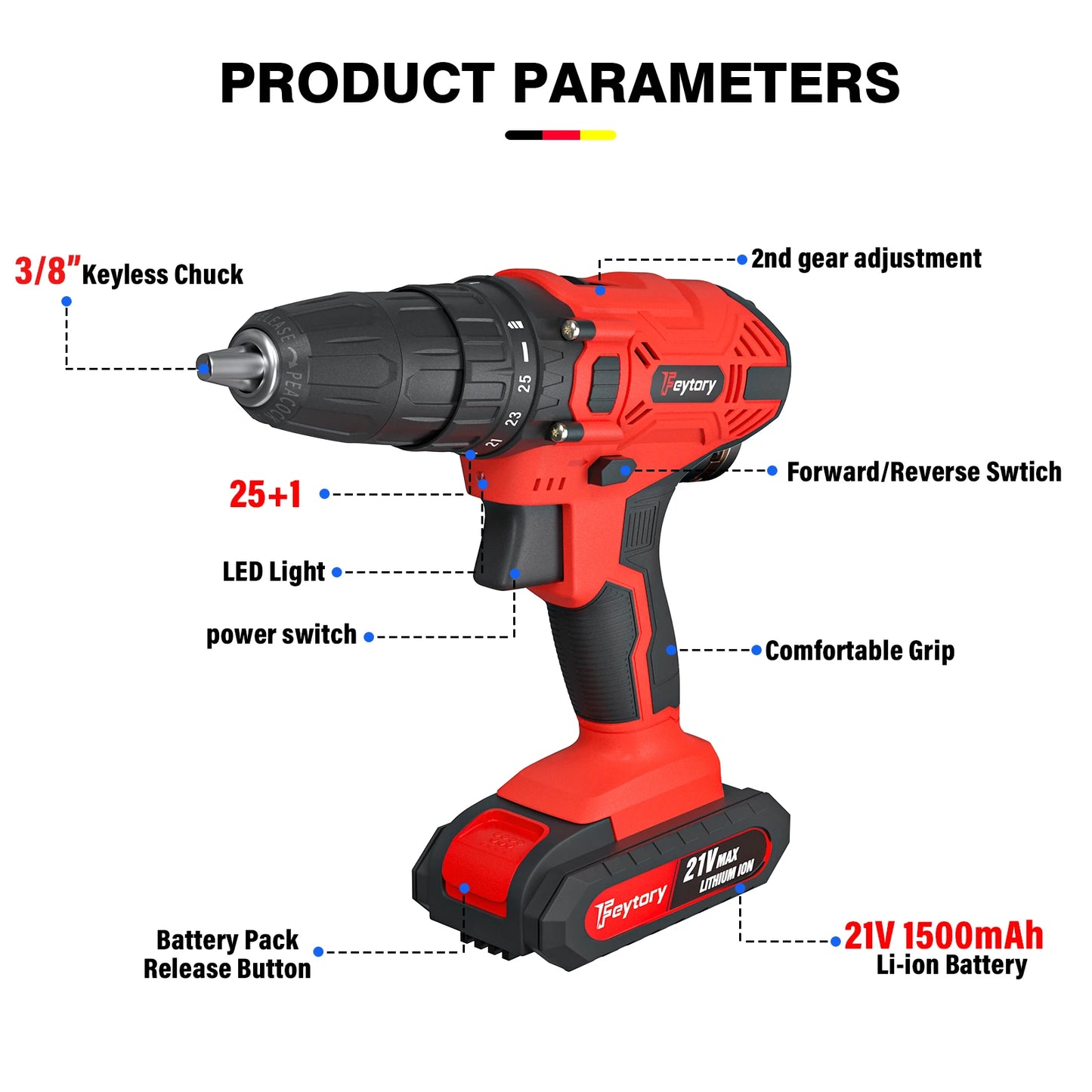 BRIEFNESS 21V Cordless Drill Screwdriver Kit 45Nm 2-Speed 25+1 Torque 3/8'' Chuck LED for Home DIY Hammer Drill 1.5Ah Battery
